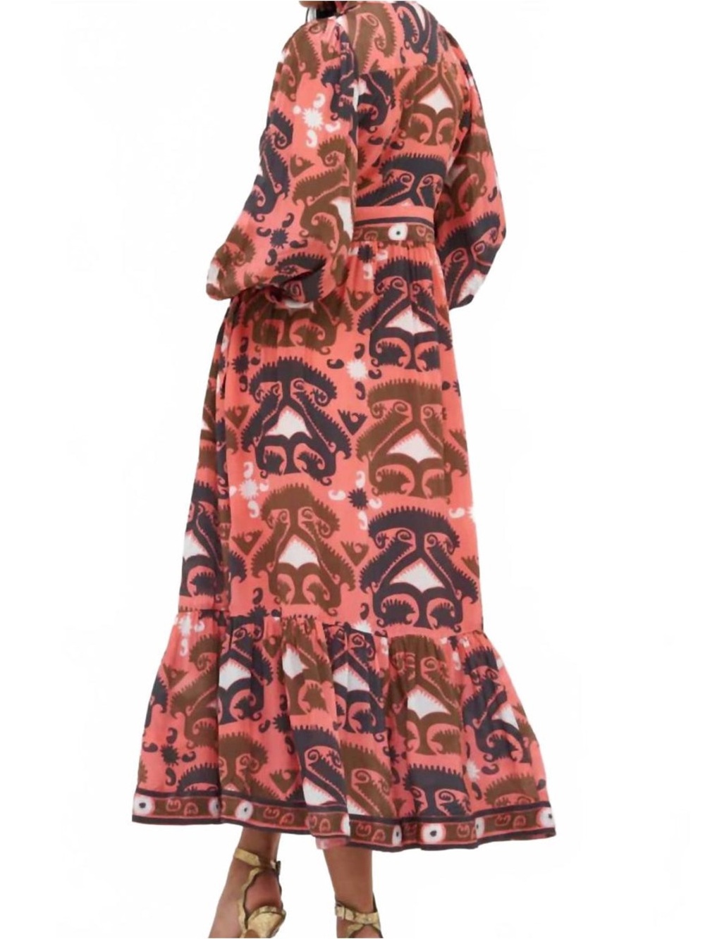 Oliphant Uzbek Coral Printed Shirt Waist Maxi Dress - L - Picture 2 of 11